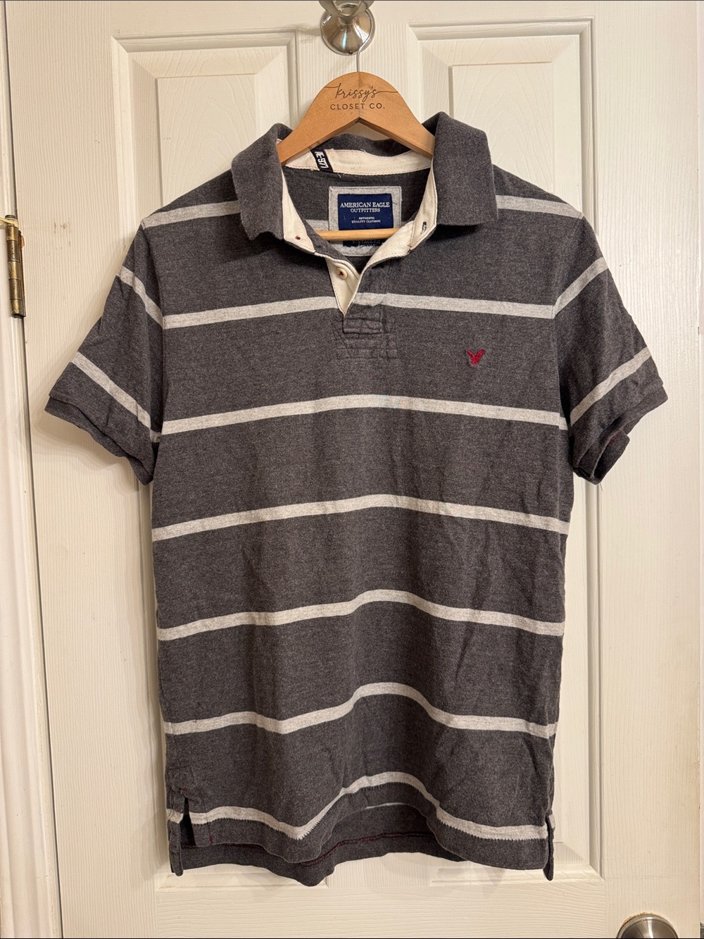 American Eagle Outfitters Charcoal Gray & White Striped Polo with Red Logo